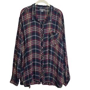 Peace & Pearls Womens Button Up Shirt Size 3X Red Gray Plaid Peplum Back Rayon